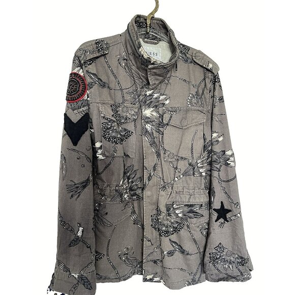 Guess Los Angeles Jacket Sz M Beaded Details Star Feather Print Drawstring Waist - Picture 1 of 16